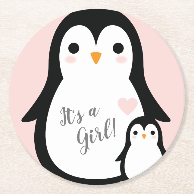 Penguin Theme Baby Shower Cute Round Paper Coaster (Front)