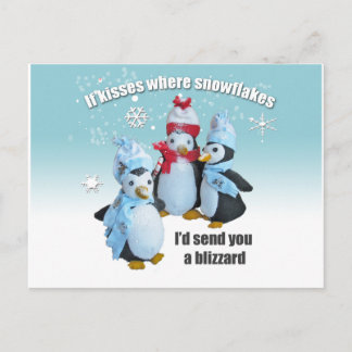 Penguin Toy Photo Kisses and Snowflakes Postcard