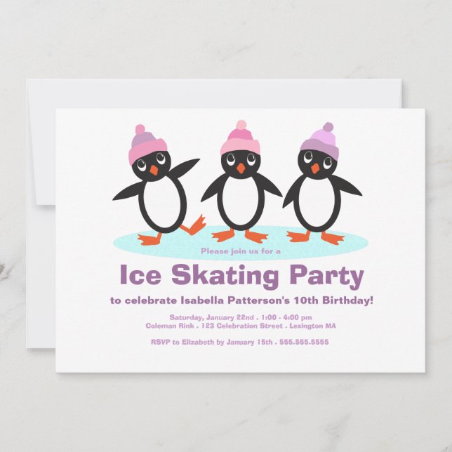 Penguin Trio Girls Ice Skating Birthday Party Invitation (Front)