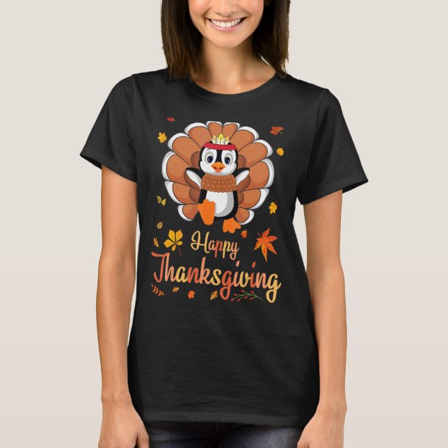 Penguin Turkey Costume Heart Happy Thanksgiving Da T-Shirt (Front)