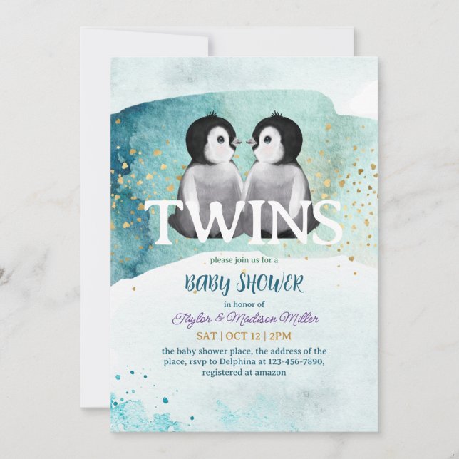 Penguin Twin Winter Theme Baby Boy Shower Invitation (Front)
