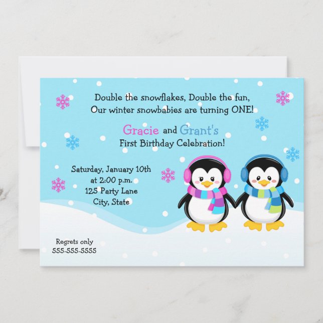 Penguin Twins Birthday Invitation, Boy/Girl Invitation (Front)