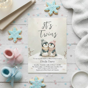 Penguin Twins winter Baby Shower Boy Girl Neutral Invitation
