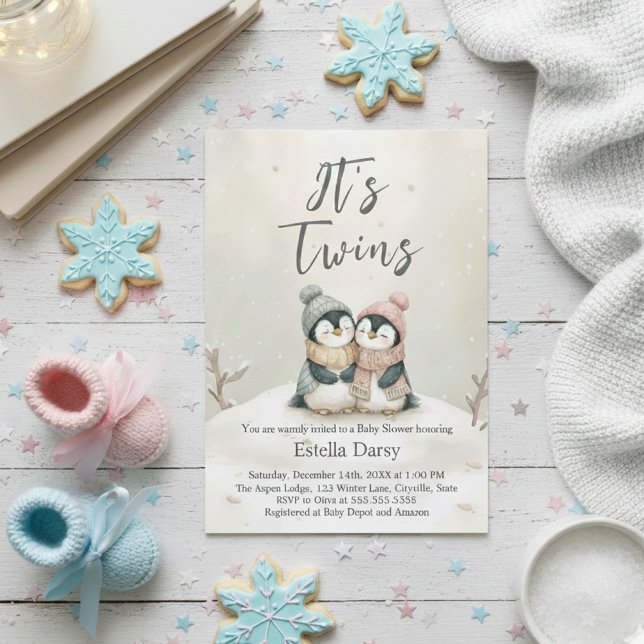 Penguin Twins winter Baby Shower Boy Girl Neutral Invitation (Creator Uploaded)