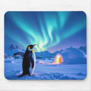 Penguin Under Northern Lights Mouse Mat