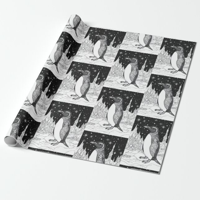 penguin under the stars wrapping paper (Unrolled)