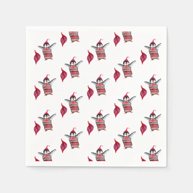 Penguin Watercolor Art for Christmas Napkin (Front)