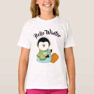 Penguin Wearing a Blue Coat Hello Winter T-Shirt