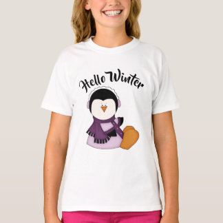 Penguin Wearing a Purple Coat Hello Winter T-Shirt