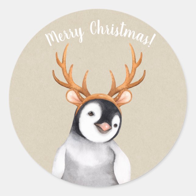 Penguin Wearing Reindeer Antlers Holiday Christmas Classic Round Sticker (Front)