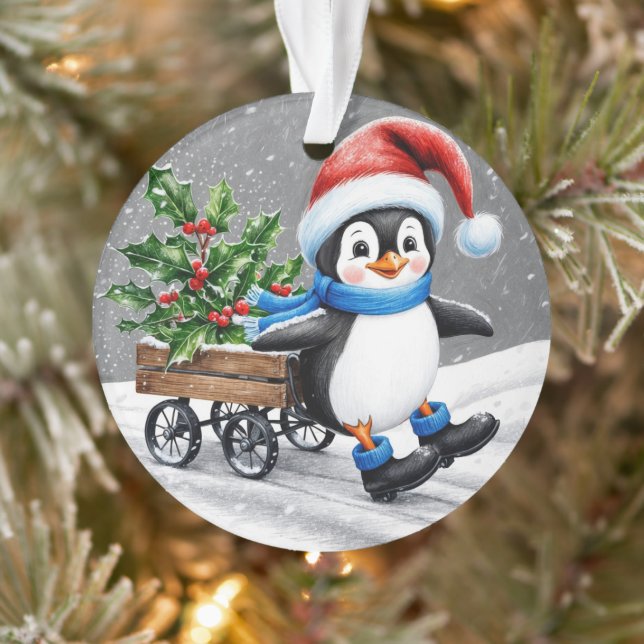 Penguin Wearing Santa hat Christmas Art  Ornament (Tree)