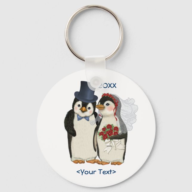 Penguin Wedding Bride and Groom Tie - Customise Key Ring (Front)