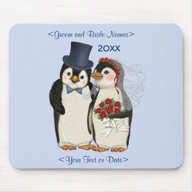 Penguin Wedding Bride and Groom Tie - Customise Mouse Mat (Front)