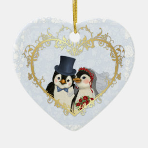 Penguin Wedding Heart - Customise back text Ceramic Tree Decoration