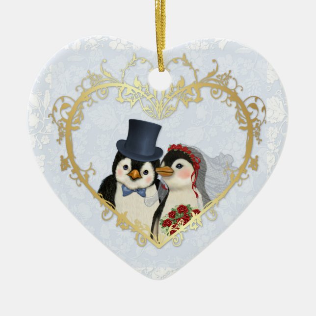 Penguin Wedding Heart - Customise back text Ceramic Tree Decoration (Front)