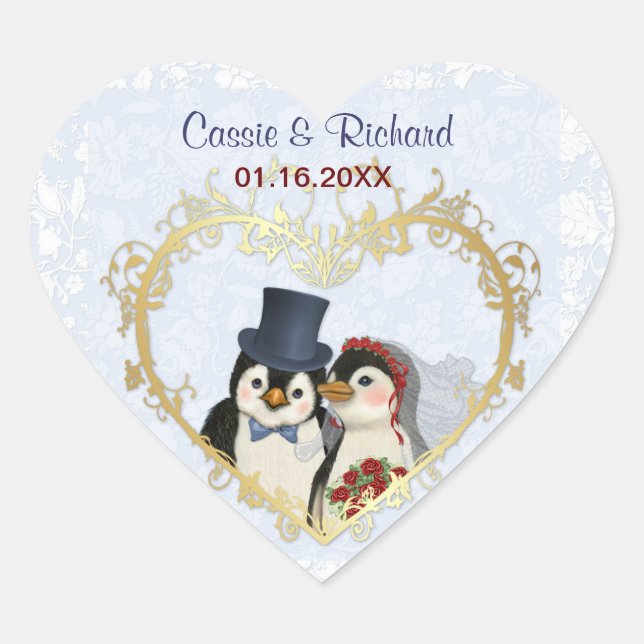 Penguin Wedding Heart - Customise Sticker (Front)