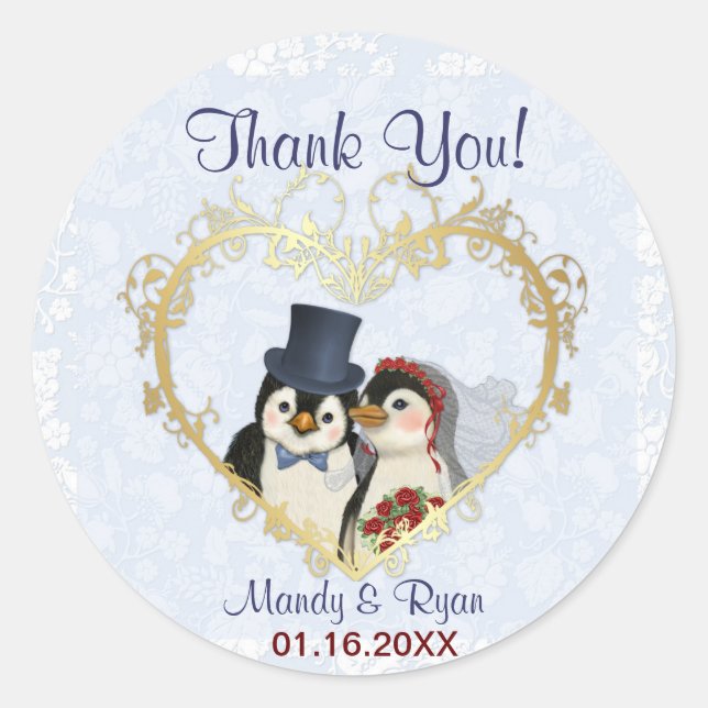 Penguin Wedding Seal- Thank You Classic Round Sticker (Front)