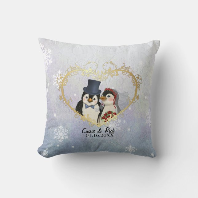 Penguin Wedding Snowflake Pattern - Customise Cushion (Front)