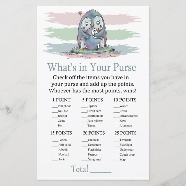 Penguin What's in your purse game baby shower (Front)