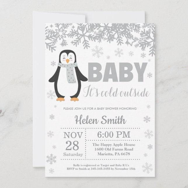 Penguin Winter Baby Shower Snowflake Invitation (Front)
