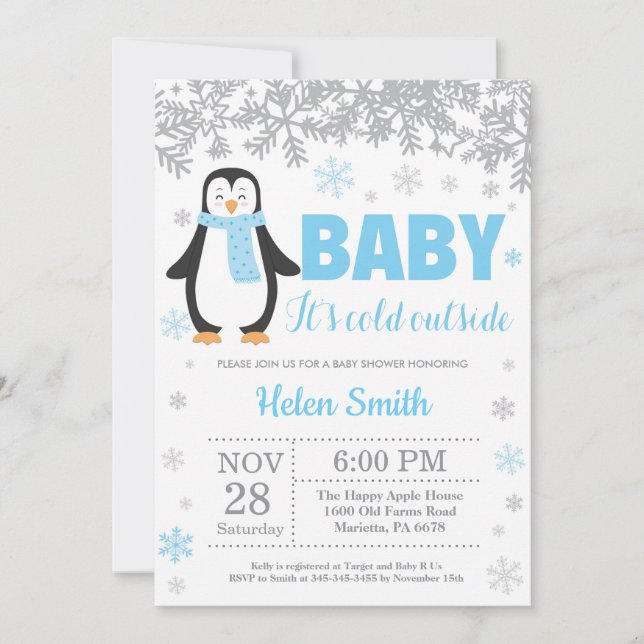 Penguin Winter Blue Boy Baby Shower Snowflake Invitation (Front)