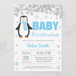 Penguin Winter Blue Boy Baby Shower Snowflake Invitation