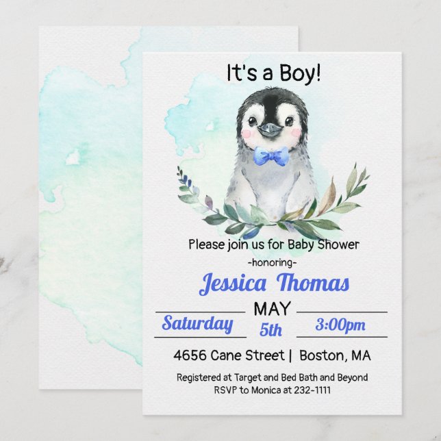 Penguin Winter Boy Baby Shower Invitation (Front/Back)