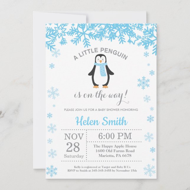 Penguin Winter Boy Baby Shower Snowflake Invitation (Front)
