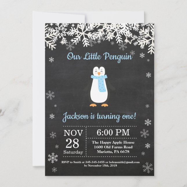 Penguin Winter Boy Birthday Invitation (Front)