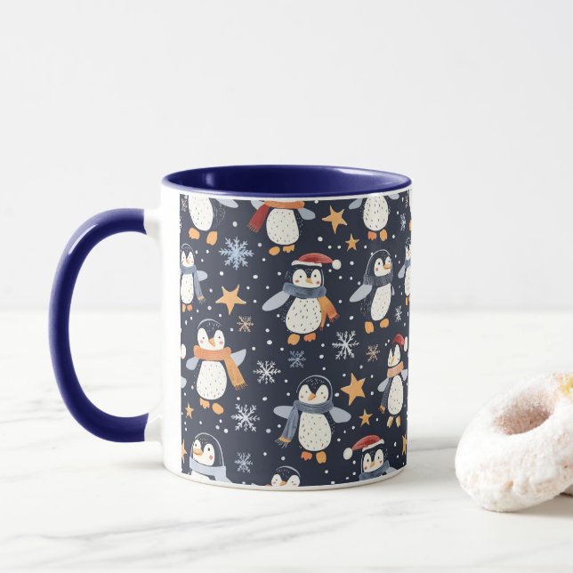 Penguin Winter Fun Christmas Pattern Mug (With Donut)