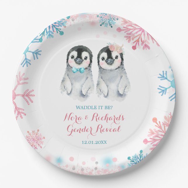 Penguin Winter Gender Reveal Paper Plate (Front)