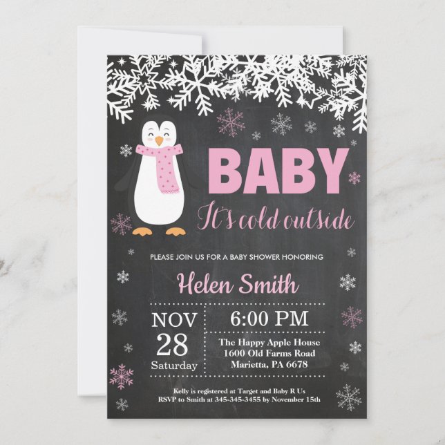 Penguin Winter Girl Baby Shower Chalkboard Invitation (Front)