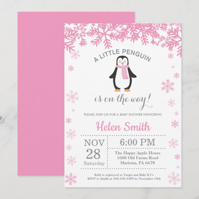 Penguin Winter Girl Baby Shower Snowflake Invitation (Front/Back)
