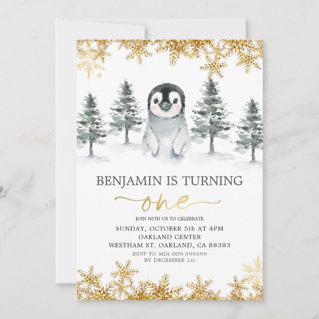 Penguin Winter Gold Snowflake Birthday Invitation (Front)