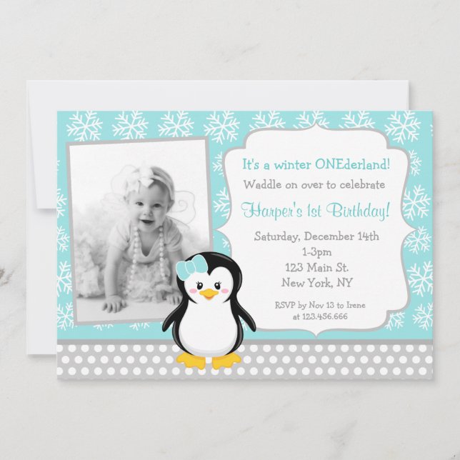 Penguin Winter ONEderland Birthday Invitations (Front)