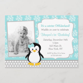 Penguin Winter ONEderland Birthday Invitations