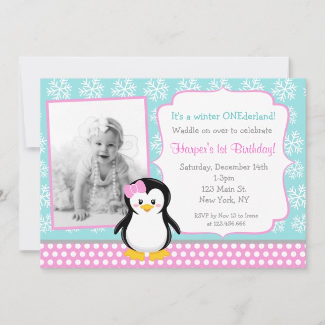 Penguin Winter ONEderland Birthday Invitations (Front)