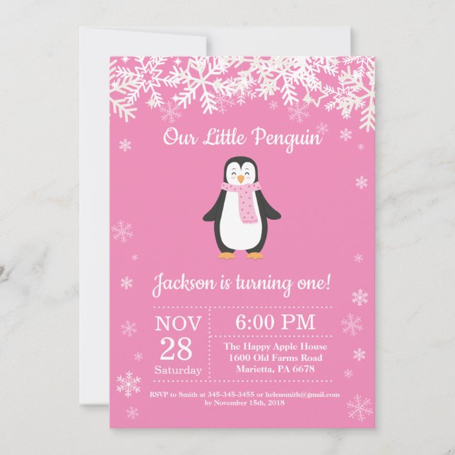 Penguin Winter Pink Birthday Invitation (Front)