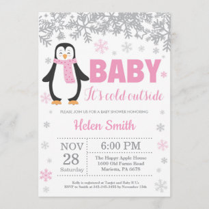 Penguin Winter Pink Girl Baby Shower Snowflake Invitation