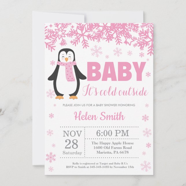 Penguin Winter Pink Girl Baby Shower Snowflake Invitation (Front)