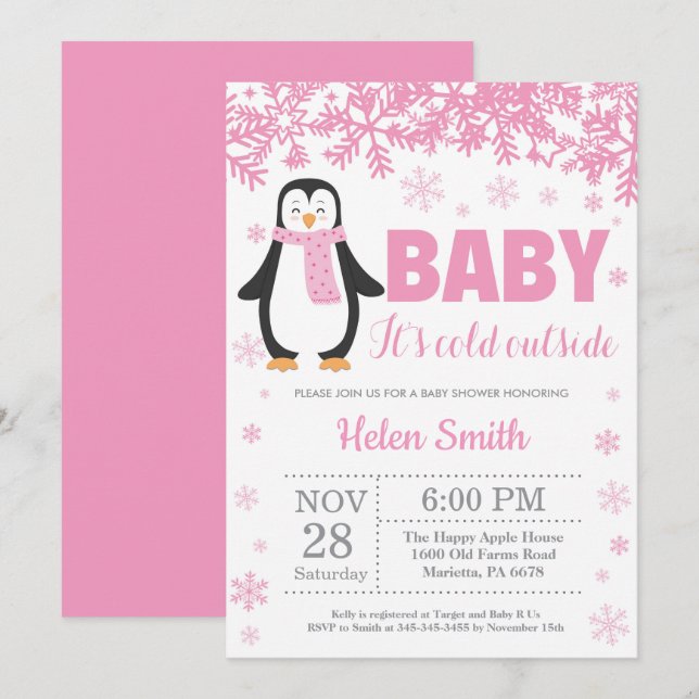 Penguin Winter Pink Girl Baby Shower Snowflake Invitation (Front/Back)