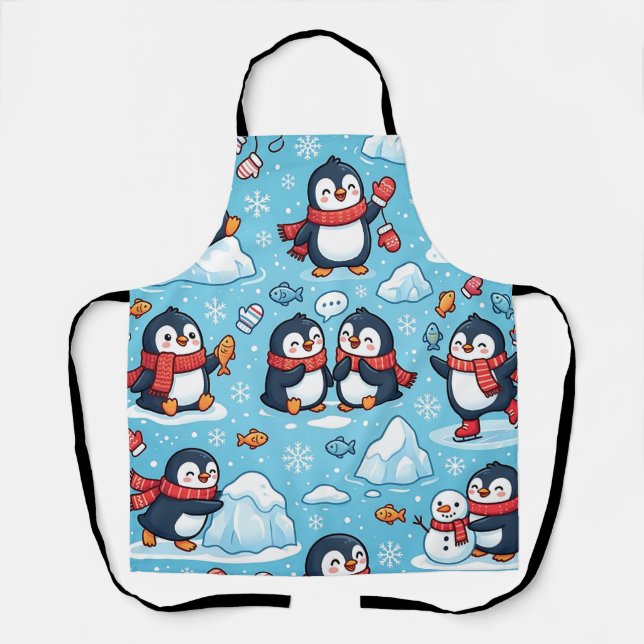 Penguin Winter Scarf Apron – Cute Arctic Pattern (Front)