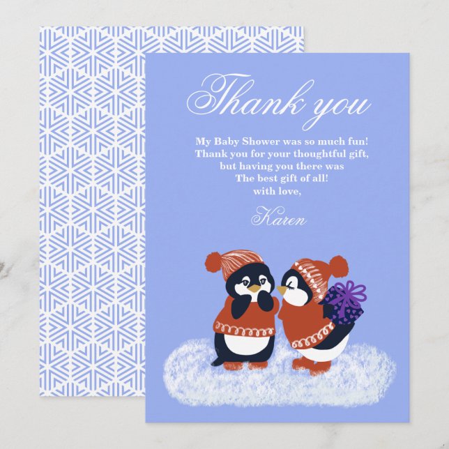 Penguin Winter Snow Birthday Baby Shower Thank you Invitation (Front/Back)