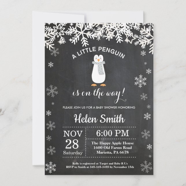 Penguin Winter Snowflake Baby Shower Invitation (Front)