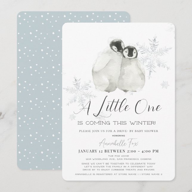 Penguin Winter Snowflake Blue Drive-by Baby Shower Invitation (Front/Back)