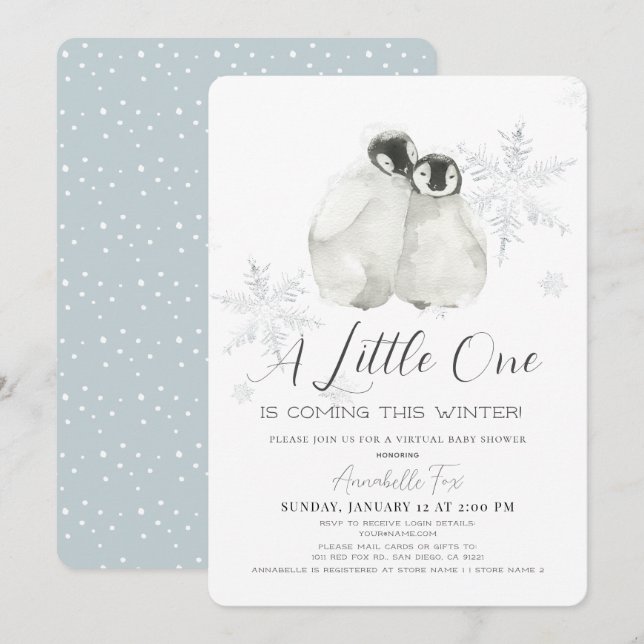 Penguin Winter Snowflake Blue Virtual Baby Shower Invitation (Front/Back)