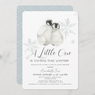Penguin Winter Snowflake Blue Virtual Baby Shower Invitation