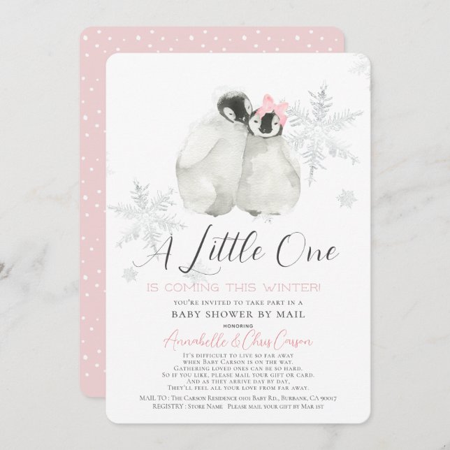 Penguin Winter Snowflake Pink Baby Shower by Mail Invitation (Front/Back)