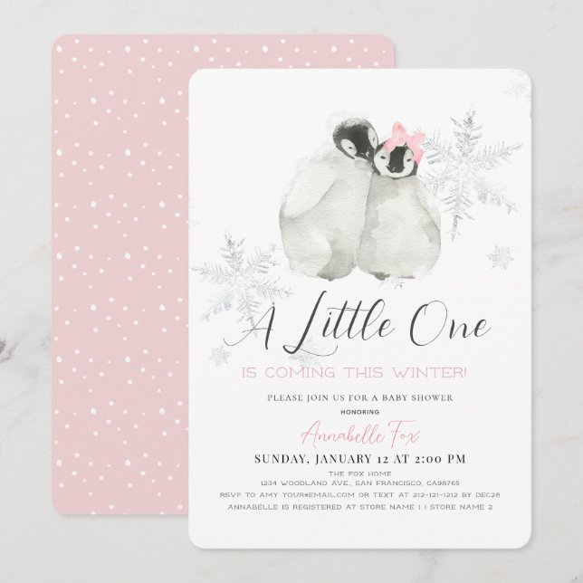 Penguin Winter Snowflake Pink Girl Baby Shower Invitation (Front/Back)