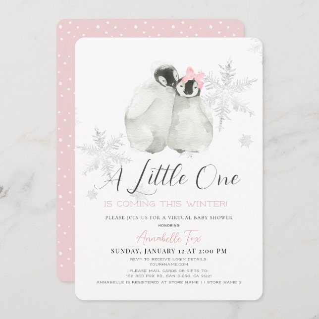Penguin Winter Snowflake Pink Virtual Baby Shower Invitation (Front/Back)